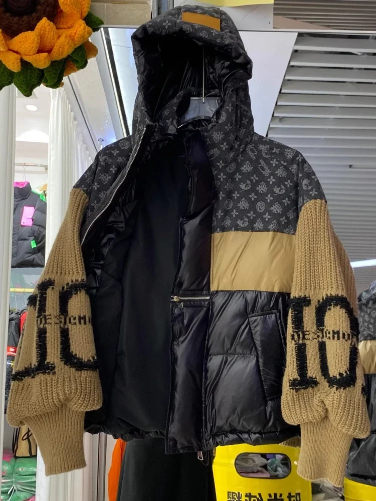 Chaqueta vaquera con estampado de letras para mujer, abrigo de plumas de pato blanco grueso, holgado, mangas tejidas, Retro, moda de invierno