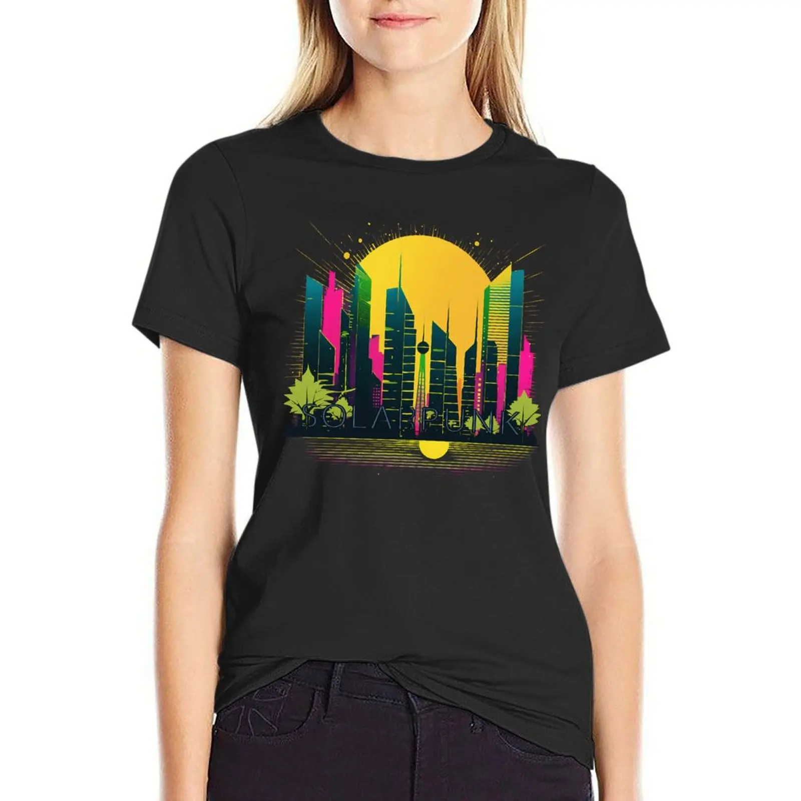 

Solarpunk Horizon: Edgy Pop Art Cityscape in Minimalist Futurism T-Shirt lady clothes oversized vintage korean Women's clothes