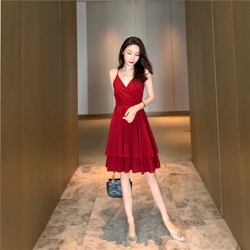 Real Shot Retro Ruffled Red Dress Waist-Cinching Backless Beach Vacation Dress Red Strap Dress