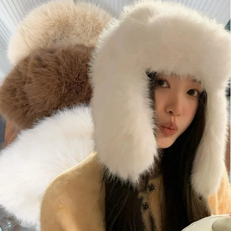 

Women Hat Winter Windproof Ear Protection Hat with Ear Flap Faux Fox Fur Plush Cap for Men Women Outdoor Cycling Warm Thick Caps