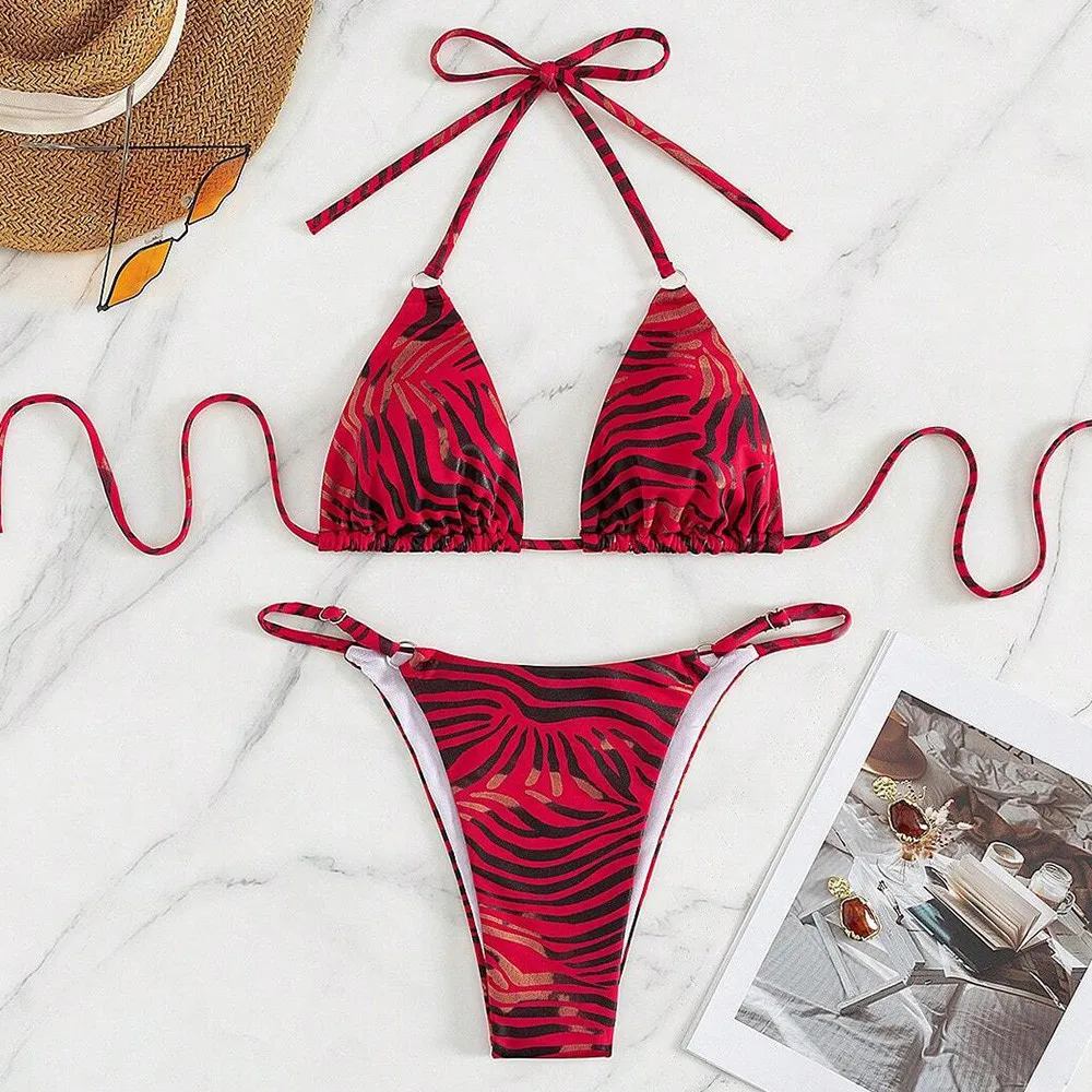 

Red Print String Halter Triangle Bikinis Sets Micro Thong Sexy Swimsuit Woman 2026 Ladies Swimwear Bikini Mujer Swimming Suit