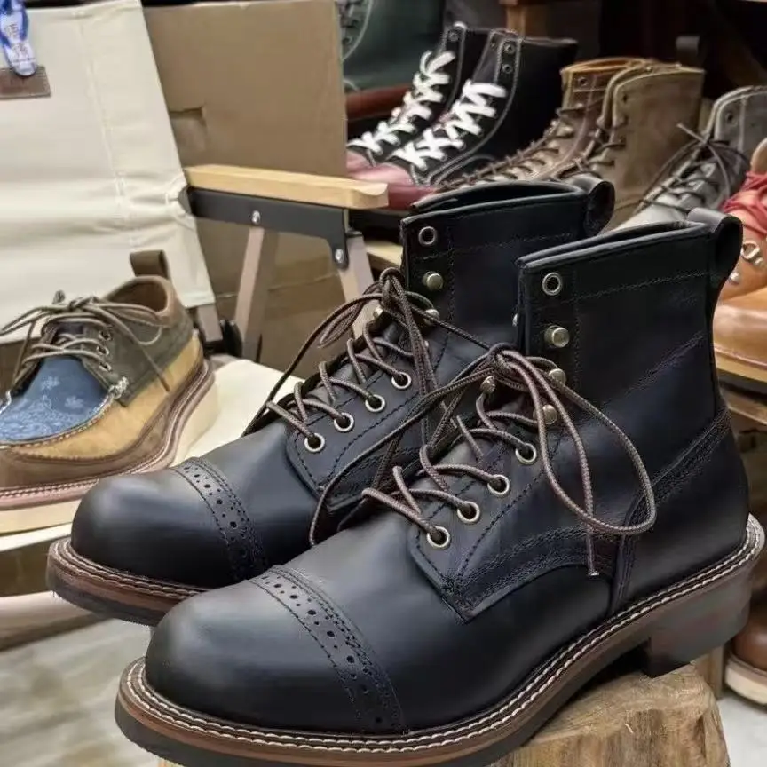 Brogue Cap‑Toe Non‑Slip Combat Boots Men Genuine Leather Lace‑Up Motorcycle Boots Casual Thick Outdoor Daily Retro Work Boots - view 6