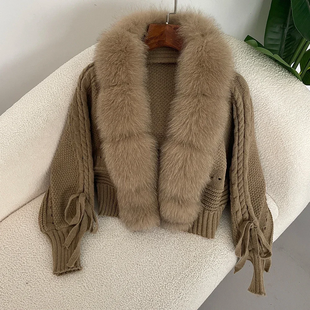 2024 New Knitting Cardigan Winter Women Knitted Jacket with Natural Fur Placket Coat Casual Real Fox Fur New Fashion Short Warm