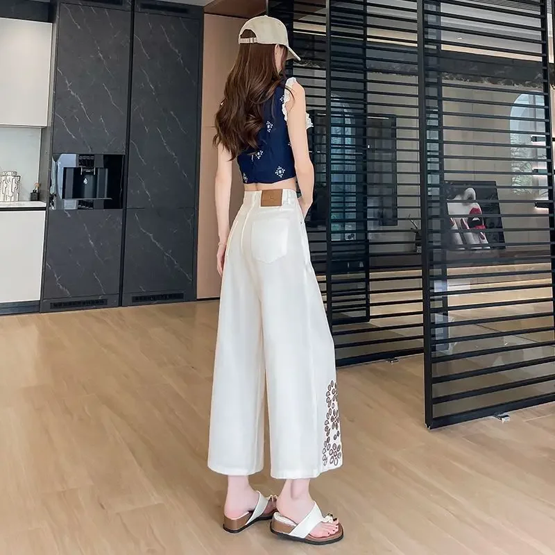 夏 Y2K ストレートレッグ クロップドジーンズ レディース ダメージ加工 レース刺繍 ホローデザイン パンツ おしゃれ トレンド