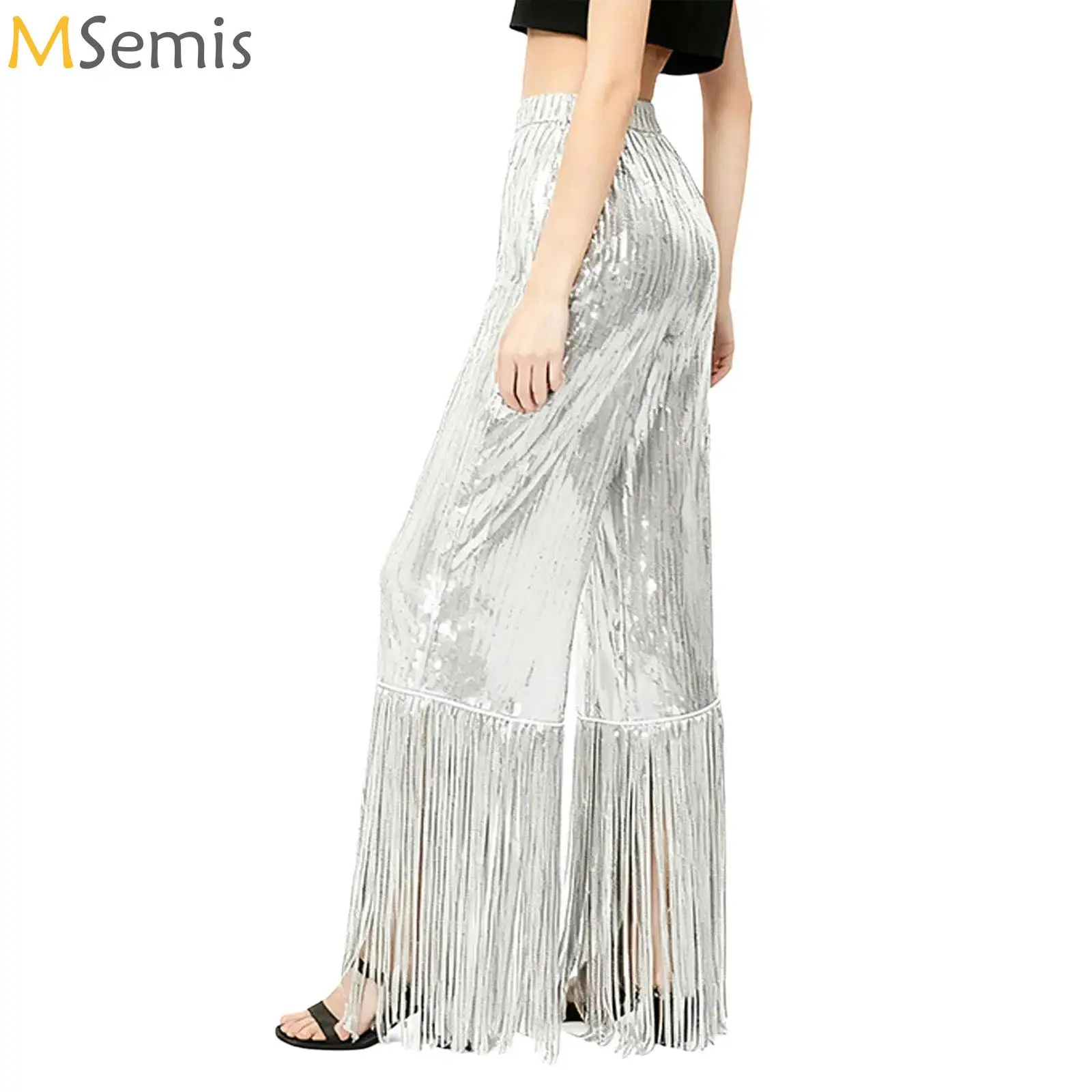 

Women Disco Fringe Pants Shiny Sequin Wide Leg Trousers Latin Jazz Tango Cha-cha Rumba Ballroom Dance Stage Performance Costume