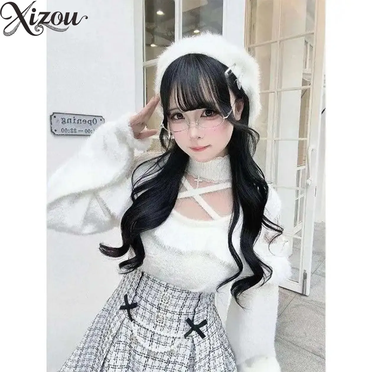 

Winter Kawaii Lolita Two-Piece Set Off-Shoulder Knitted Sweater Bow Pearl High-Waist Plaid Slim Skirt Lace Y2K Gothic Outfit