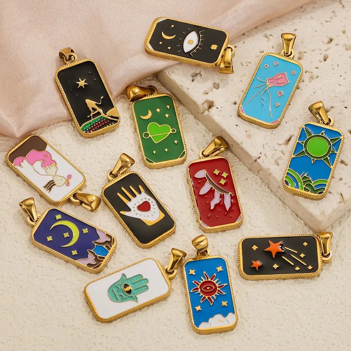 

5pcs Stainless Steel Enamel Evil Eye Tarot Charms Gold-Plated for DIY Necklaces Bracelets Earrings Keychains Jewelry Accessories