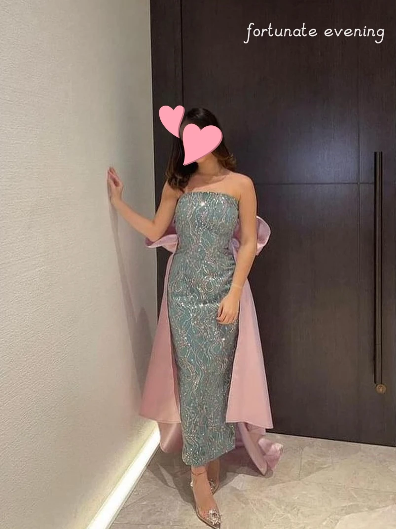 Fortunate Evening Elegant Vintage Sweet Blue Pink Sequins Shiny Lace Strapless Formal Occasion Prom Dress Evening Party Gowns