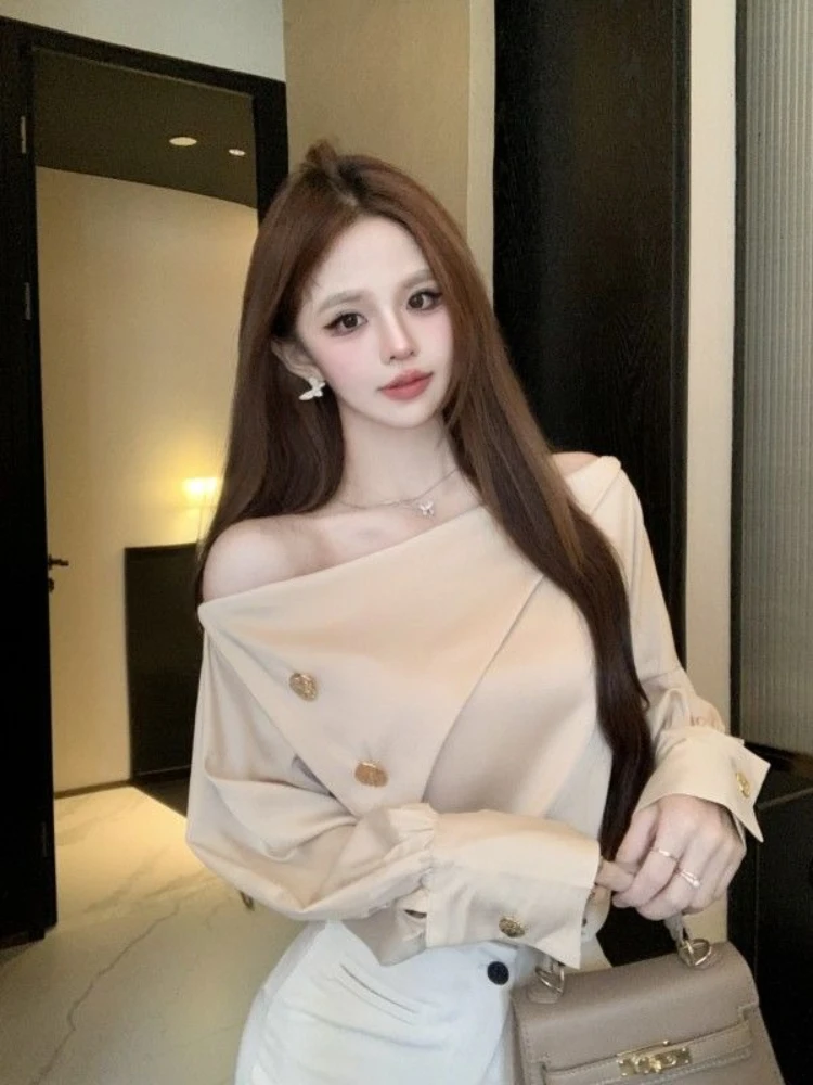 

Slanted Shoulder Women's Shirt And Blouse Fine Elegant Novelty 2025 Chic Modern Long Basic Youth Youthful Irregular Female Tops