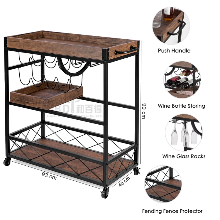 Multifunctional 3 Tier Modern Coffee Food Wine Serving Cart Bar Kitchen Trolley Bar Cart With Storage Tray