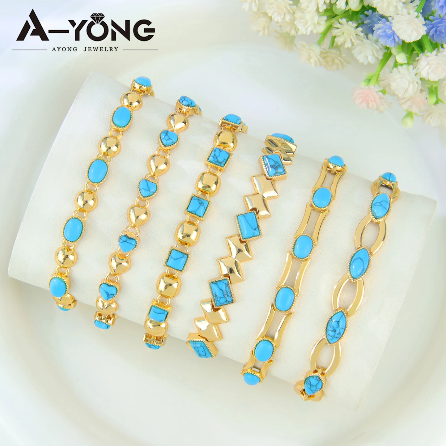 Fashion Turquoise Gold Plated Bracelet 21k Gold Color Muslim Elegant Bangles Dubai Saudi Women Wedding Party Jewelry