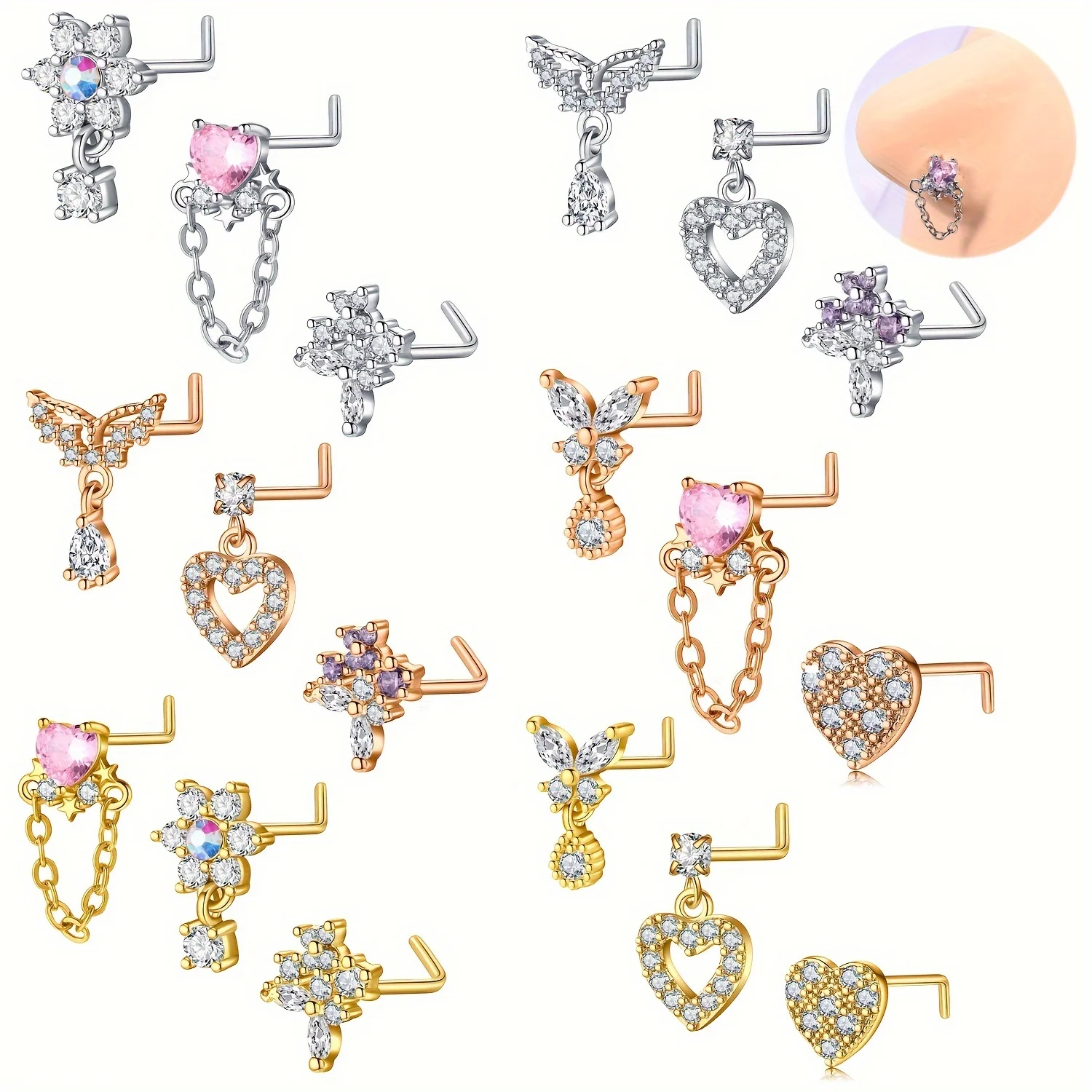 3pcs L-Shaped Nose Studs - Stainless Steel 20G with Sparkling CZ Gems, Heart & Butterfly Designs