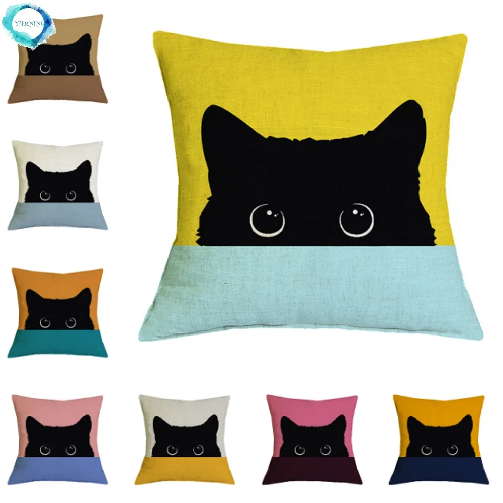 Creative Black Cat Pattern Cotton Linen Cushion Cover Animal Printed Pillow Case for Home Sofa Car Decor Pillowcase 45X45cm