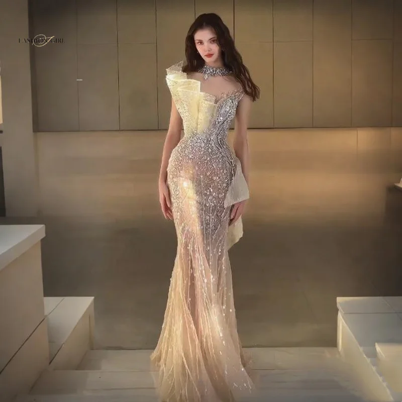 

Роскошное вечернее платье цвета шампанского с жемчугом по индивидуальному заказу. Платье русалки 2025 с изысканным бальным платьем из бисера на плечах и верхней части тела.
