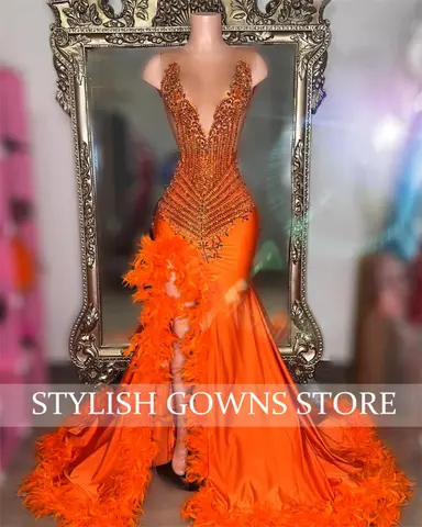 Glittrande Orange Diamanter Balklänningar 2025 Sjöjungfru Lyxig Kristallfjädrar Klänning För Svarta Flickor Bröllopsfest Anpassad 10 best sales orange balklänningar - №7