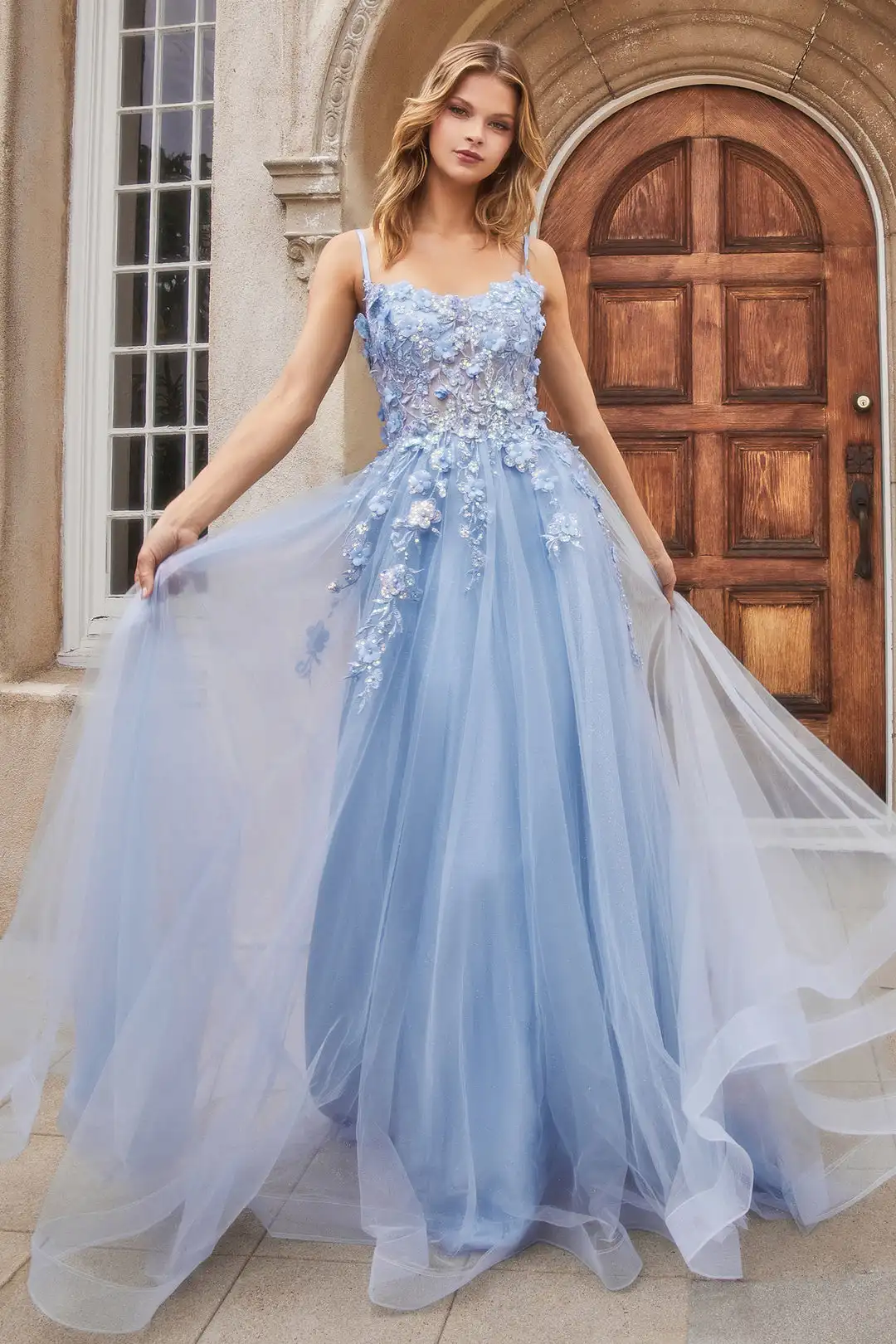 

Tulle 3D Floral Spaghetti Straps Prom Dresses U-neck Appliques Sequins A-line Ruched Adjustable Evening Gowns Women Party Dress