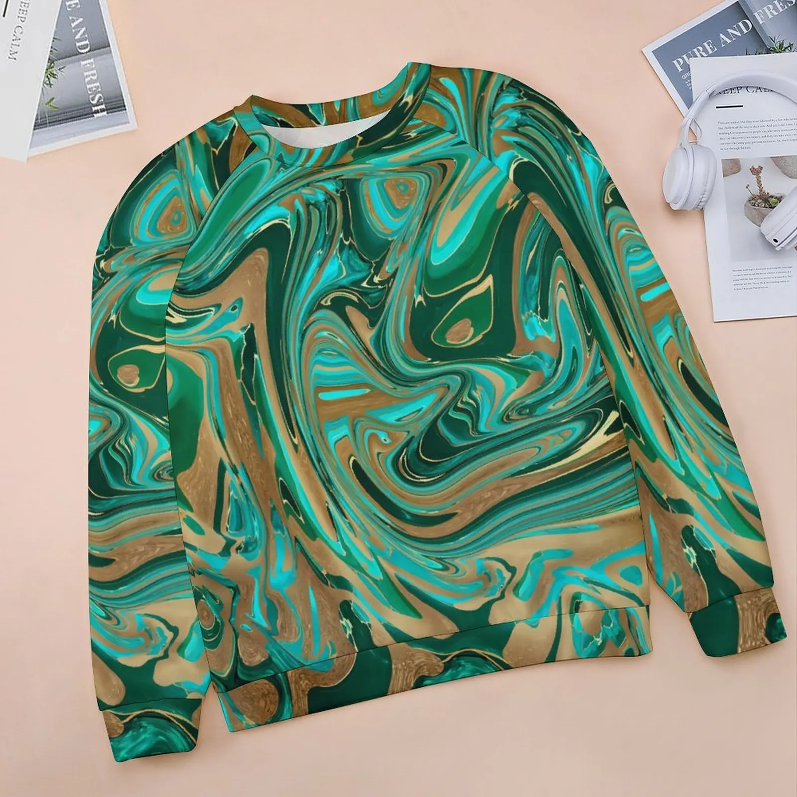 Marble Print Hoodies Green Gold Liquid Classic Oversized Hoodie Ladies Long-Sleeve Cute Design Casual Sweatshirts