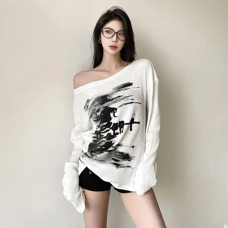 

Off-Shoulder Sweater High Street Punk Tie-Dye Printed Ink Smudged Loose Versatile Top Women