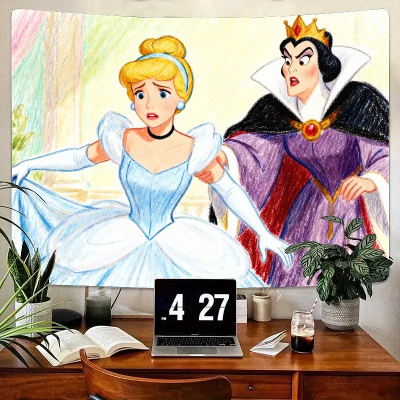 

1PC Disney Cinderella & Evil Queen Tapestry, Dramatic Hand-drawn Fairy Tale Wall Art, Polyester Living Room Bedroom Dorm Decor G