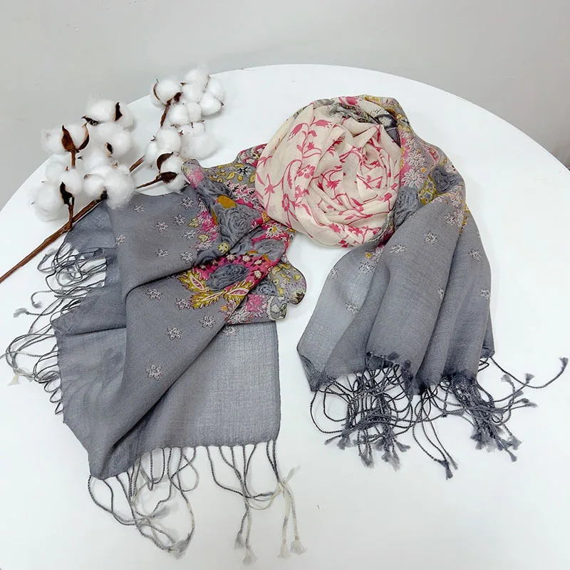 

Scarf Women Wool Long Shawl Neck Wrap Flowers Gray Autumn Winter Warm Accessory For Spring Summer Holiday