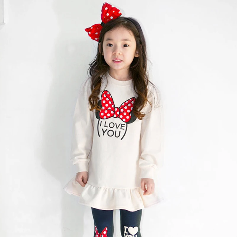 Kids Clothing Set Spring Autumn Cartoon Bow Knot Long Sleeve Cotton Shirt+Leggings 2Pcs Suit For 3-8 Years Girls Casual Outfit