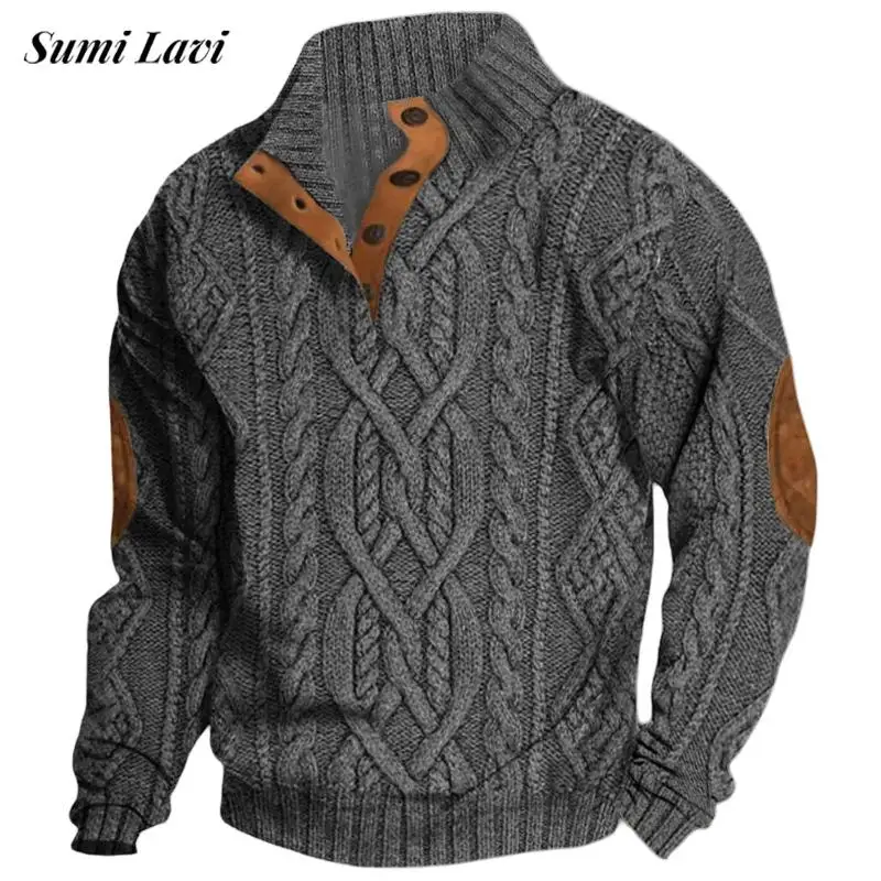 Vintage Patchwork Knitting Sweater Mens Casual Long Sleeve Twist Jacquard Jumper Tops Men Knitwear Autumn Fashion Knit Sweaters