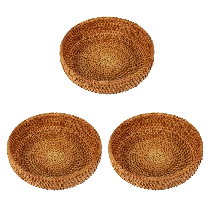 

3X Handmade Autumn Rattan Weaving Round Storage Basket Fruit Dish Rattan Bread Basket For Kitchen Food Mini Container