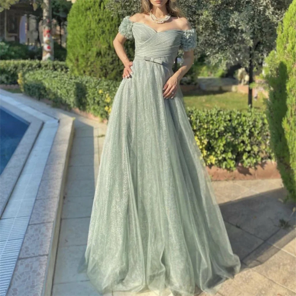 

Elegant 2024 Green Tulle V-Neck Evening Dresses A-Line Sweetheart Off Shoulder Bow Backless Pleat Floor Length Party Prom Gowns