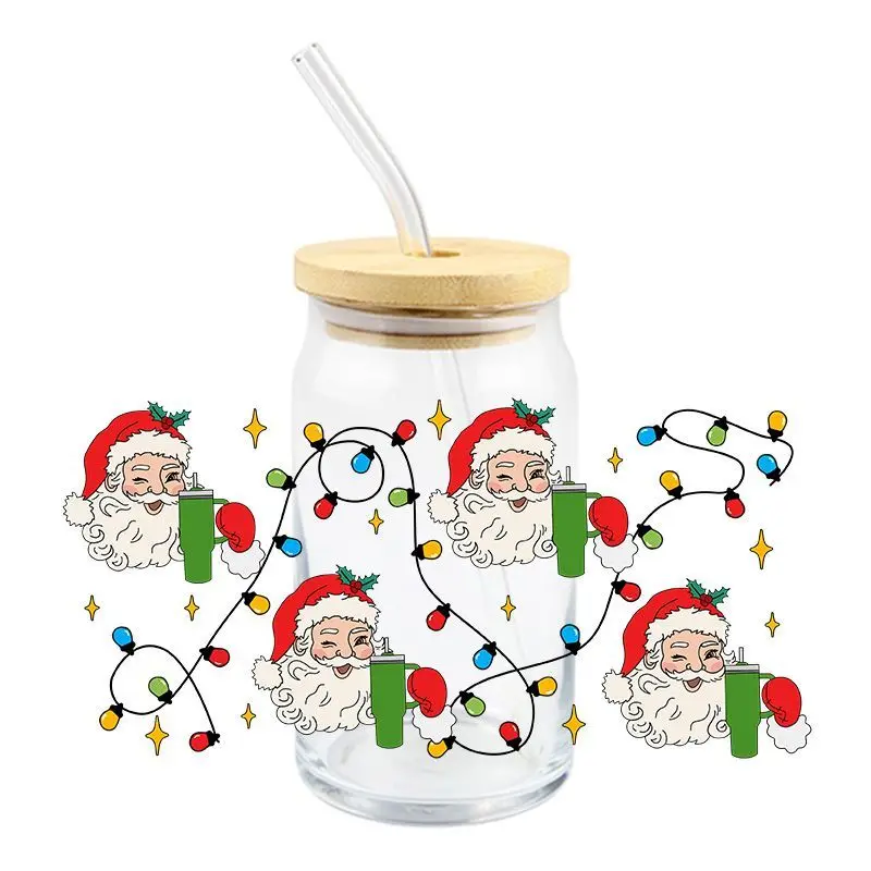 3D UV Transfer Sticker Christmas Santa Claus Design DTF Wraps For The Libby Glasses 3D Decals Brand Logo Custom