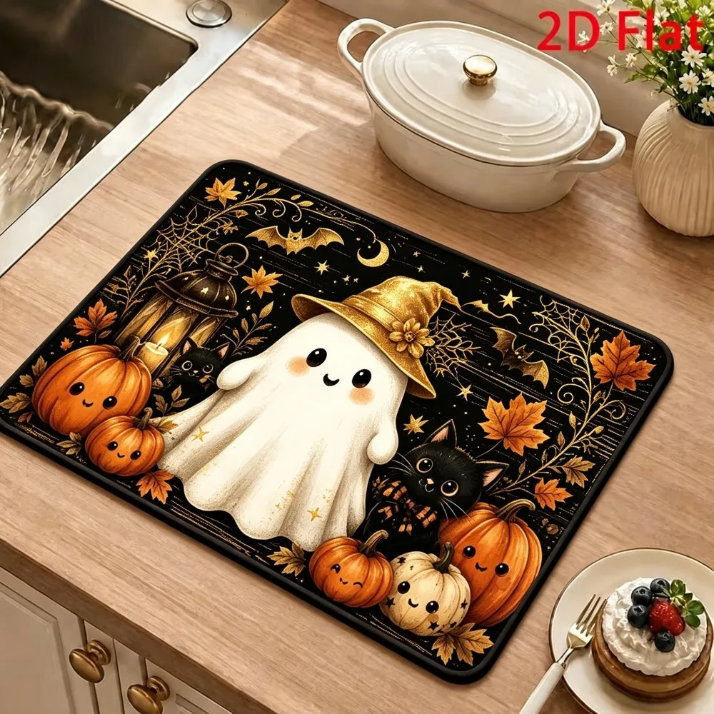 Halloween Gold Pumpkin Ghost Dish Drying Mat Quick Dry Kitchen Pad Absorbent Tableware Counter Shield Non Slip