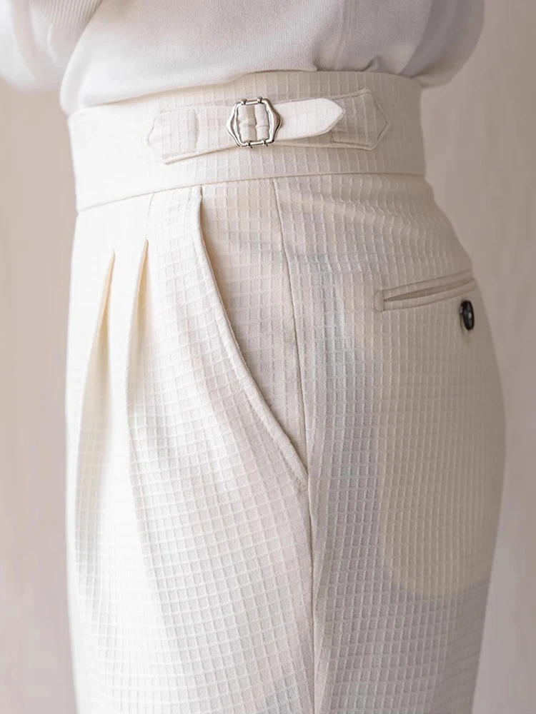 Męskie spodnie w stylu vintage z teksturą waflowej, na wiosnę i jesień, codzienne, casualowe, jednolite, garniturowe, modne, plisowane, proste.