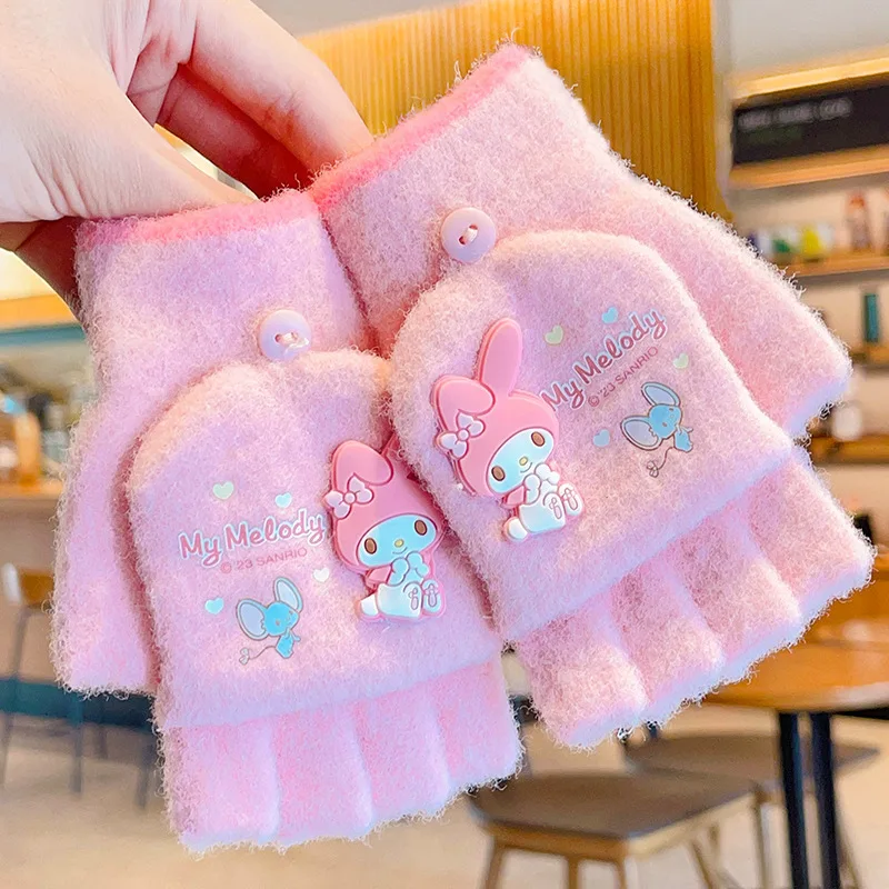 

Cute Sanrio My Melody Children's Gloves 4-10 Years Old Boys Girls Half-finger Flip Gloves Cartoon Kuromi Winter Warm Glove Gifts
