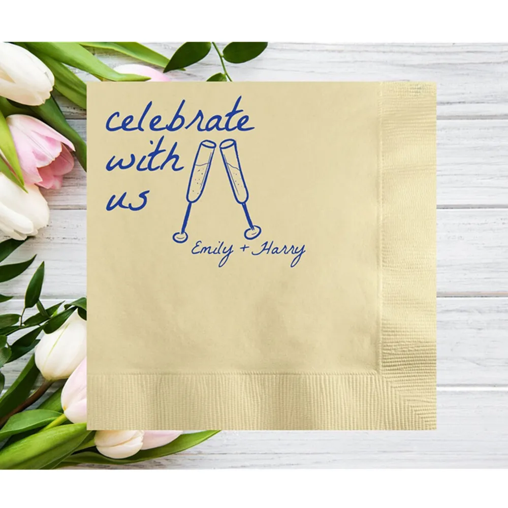 50PCS Celebrate with Us Champagne Glasses Personalized Wedding Napkins, Custom Hand Drawn Cocktail Napkins, Engagement Party, Re