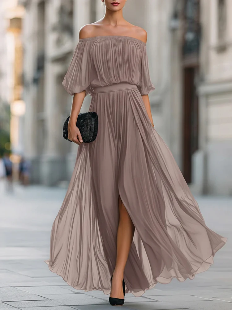 Frühling Sommer Schulterfreies Hochgeschnittenes Langes Kleid Lässiges Kurzärmeliges Urlaubskleid Damen Elegantes Einfarbiges Chiffon-Kleid