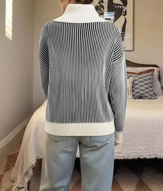 

Women Sweater 2025 Spring Autumn Fashion New Retro Striped Mock Collar Long Sleeve Loose Versatile Casual Daily Pullover Sweater