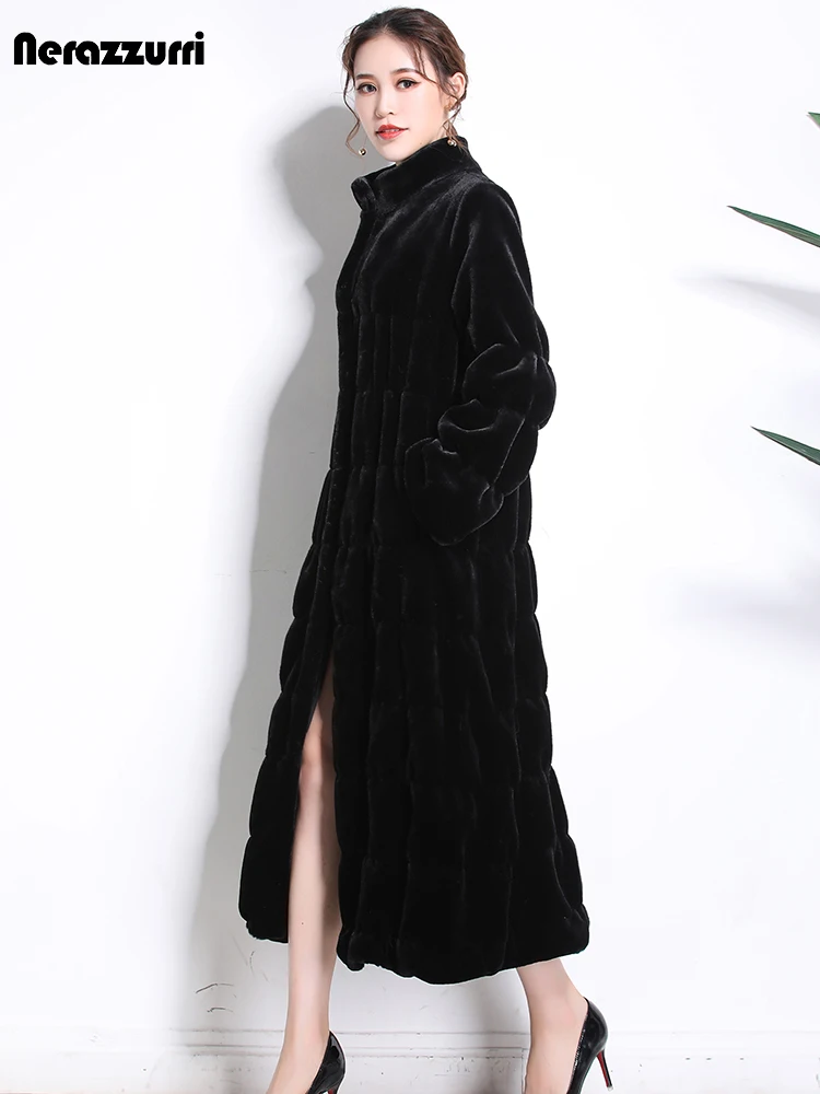 Nerazzurri Runway Long Fluffy Faux Fur Coats Women 2022 Winter Black Red Pleated Fake Sheared Mink Fur Overcoat 5xl 6xl 7xl 2022