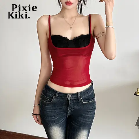 PixieKiki Sexy Summer Top for Women Tanks & Camis Black Lace Bralette and See Through Mesh Crop Tops Club Wear P94-BF10