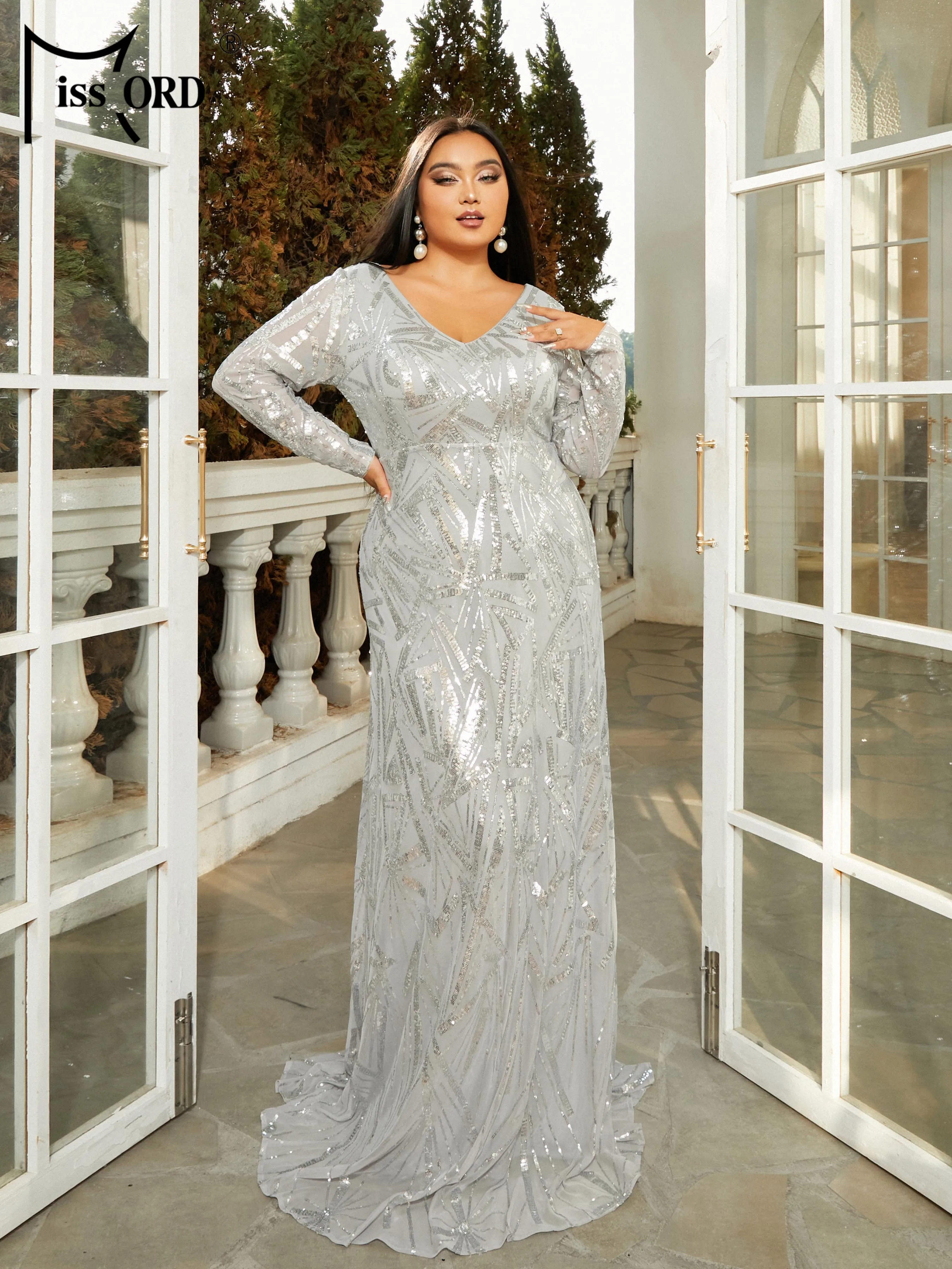 Missord New Plus Size V Neck Long Sleeved Sequin Mermaid Evening Formal Occasion High Quality Luxury Dress