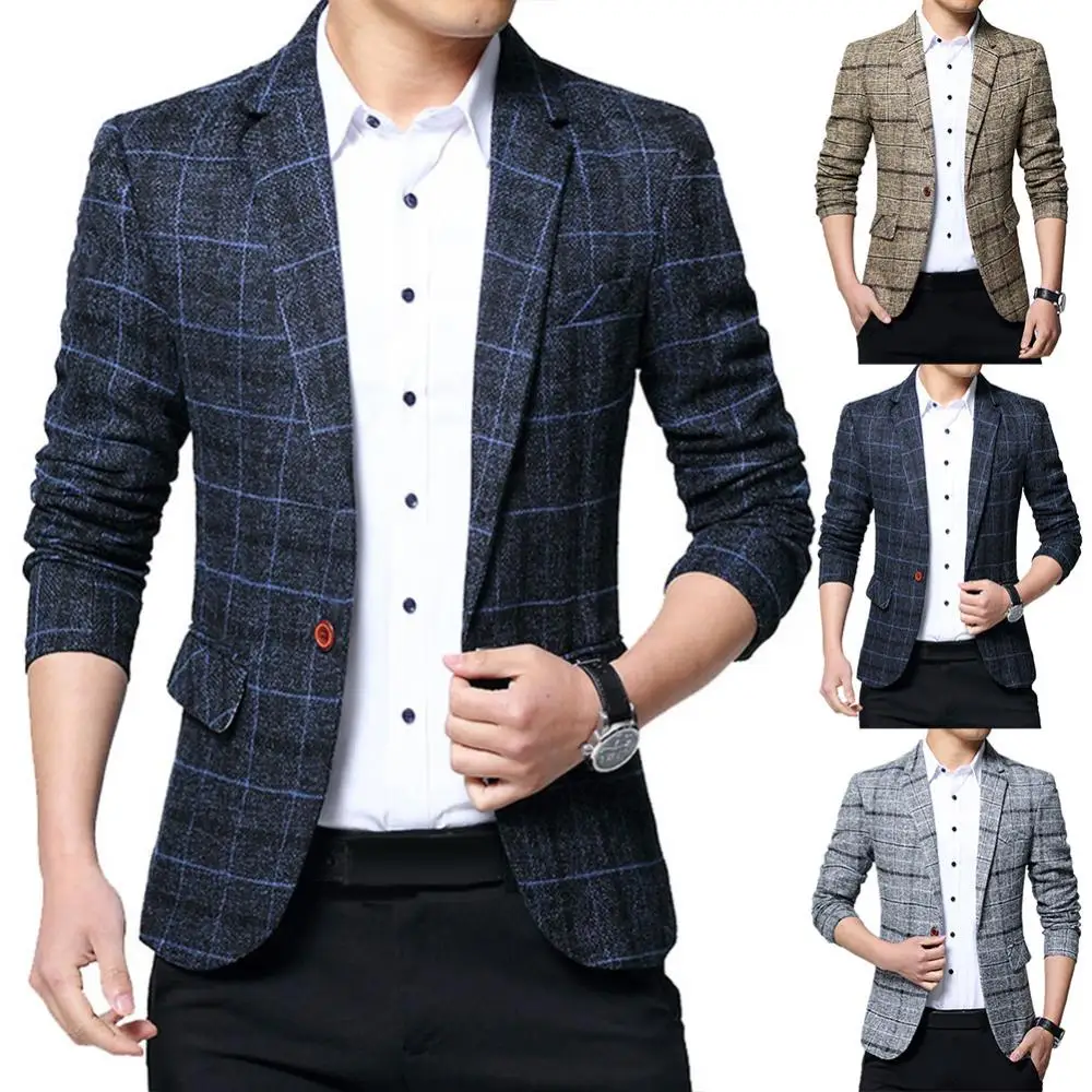 

2026 Plaid Suit Jacket Male Linen Plaid Business Blazer Fashion Men Lapel Slim Fit Blazer Jacket Coat Button Decor Business Suit