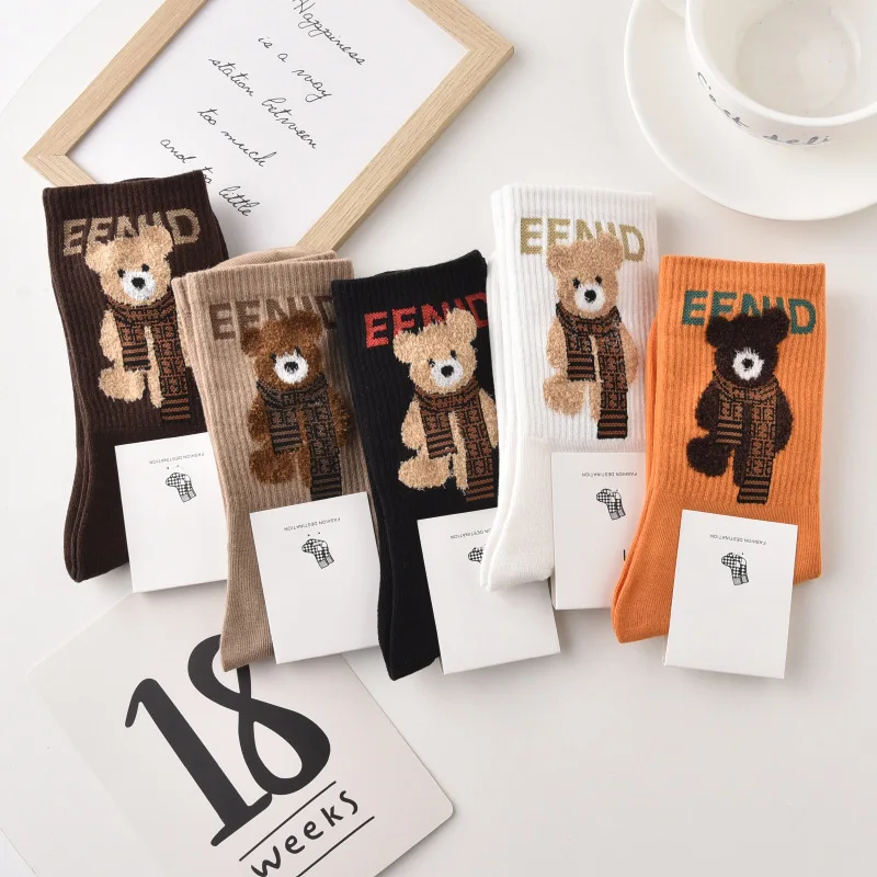 Spring Autumn Winter Cartoon Women\'S Socks Cotton Mid-Tube Cute Bear Print Trend Short Socks Comfortable Breathable Sports Socks