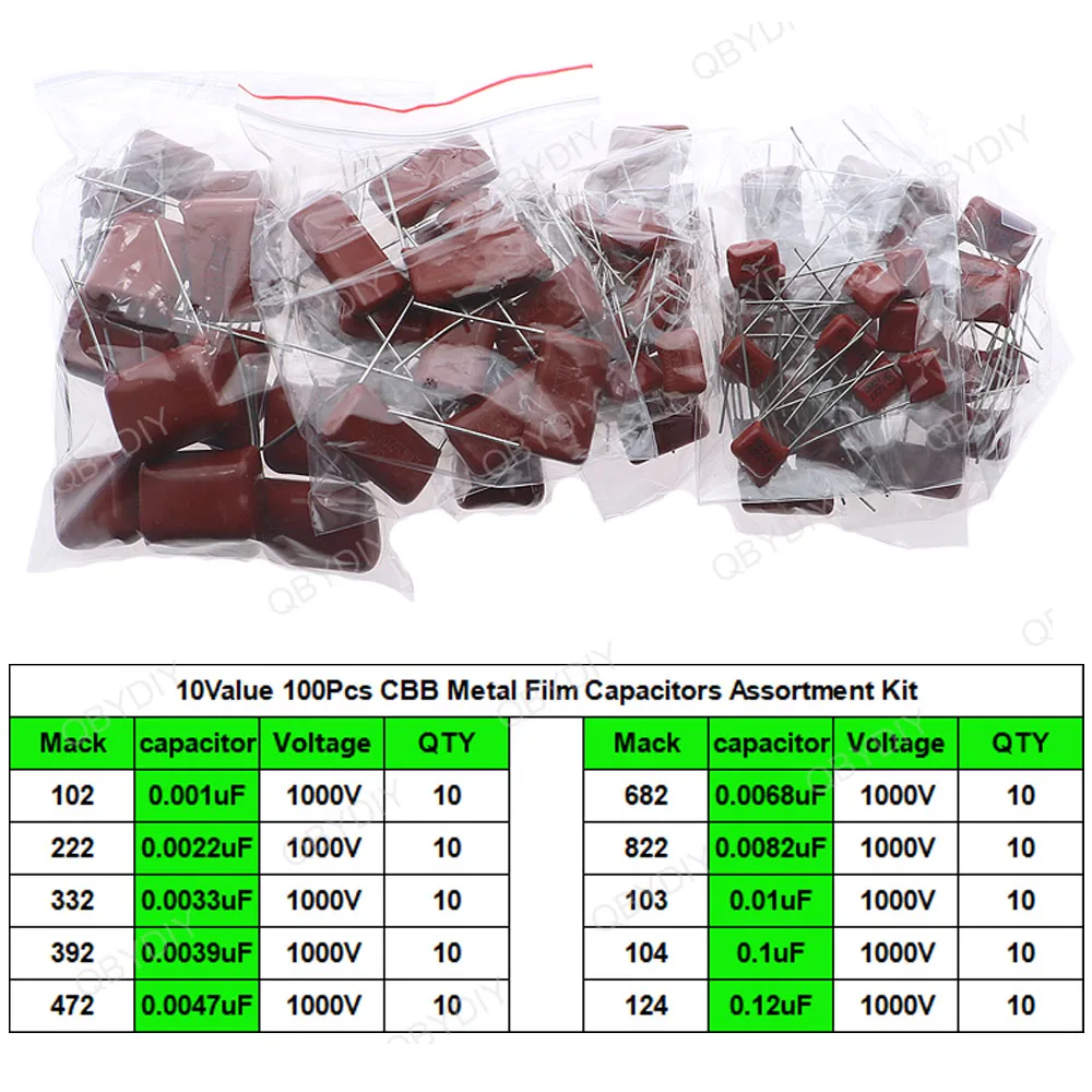 63V 100V 400V 630V 1000V CBB Metal Film Capacitors Assortment Kit 103 223 333 473 104 224 334 474 564 102 222 332 472 683 154