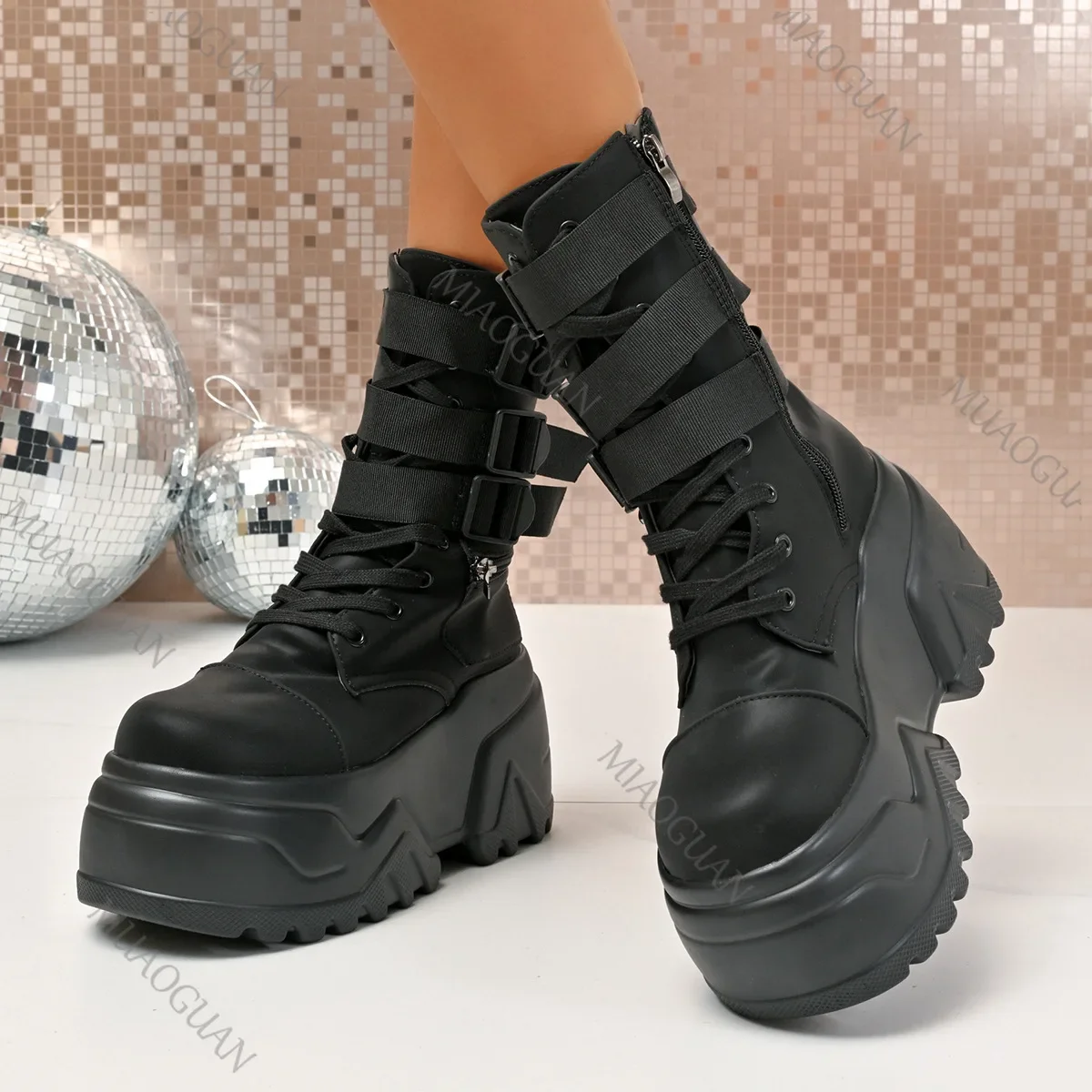 الأحذية النسائية حزام مشبك تصميم المرأة منصة التمهيد فاسق نمط القوطية الأحذية الارتفاع زيادة منتصف العجل الجوارب Bottines فام #3
