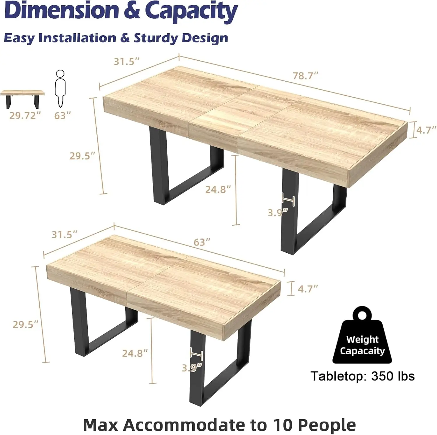 63”-79” Extendable Dining Room Table for 6 8 10, Modern Farmhouse Wooden Kitchen Expanding Table, Long Large Expandable Dining R