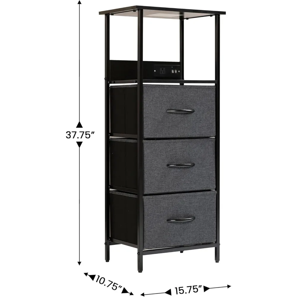 Mesa de cabeceira de 3 gavetas com estação de carregamento, 2 portas USB, 1 tomada, gavetas de tecido, puxadores de madeira, estrutura de metal