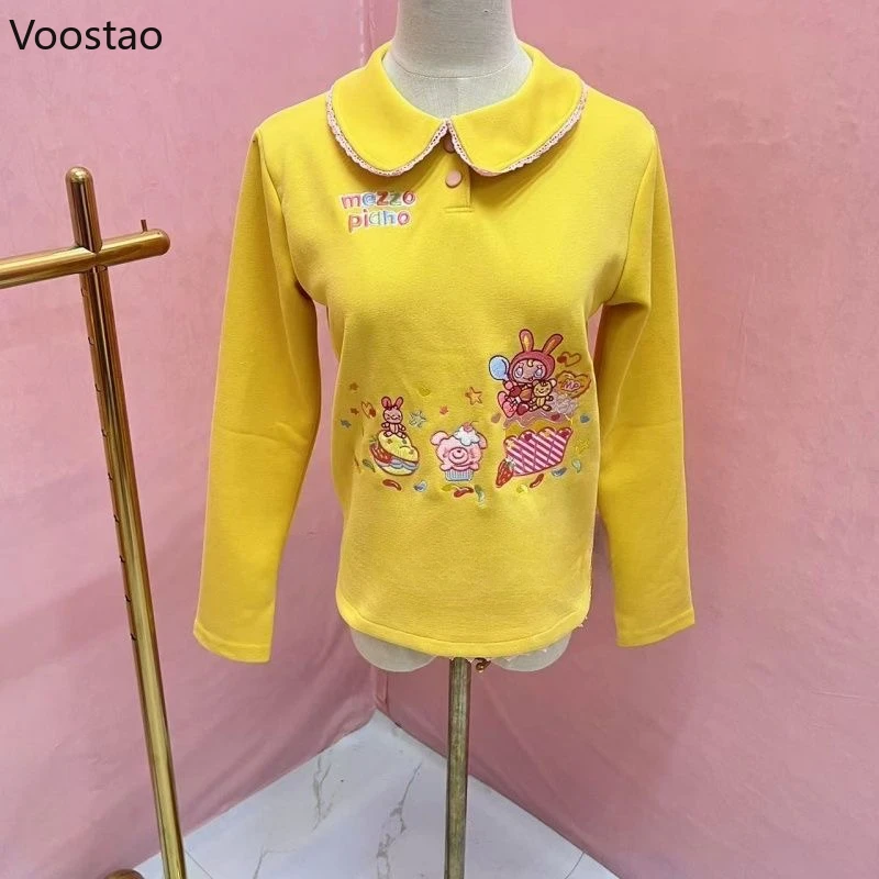 Japanese Sweet Lolita T-Shirts Women Cartoon Bunny Embroidery Harajuku Long Sleeve Tops Girls Fashion Y2k Aesthetic Casual Tees