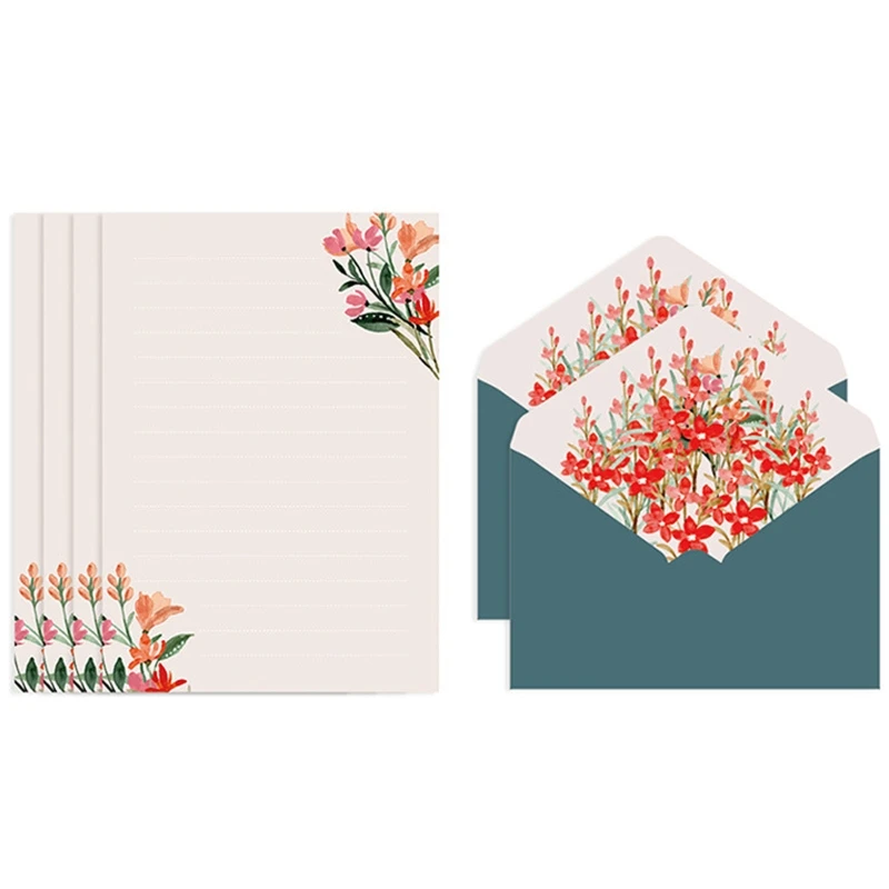 Flower Envelope Set with 4 Letter Papers Ideal for Wedding Party Invitation Card Romantic Handwritten Paper for Love Letter