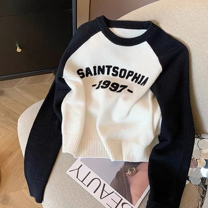 Letter Loose Knitwear Women\'s Sweater Korean O Neck Pullovers Sweater Long Sleeve Soft Knit Jumper Female Sweater