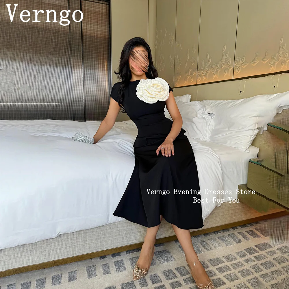 

Verngo Black Crepe Evening Dresses For Women 3D Flowers Short Sleeves Party Dress Saudi Arabic Prom Gown Simple Formal Dress