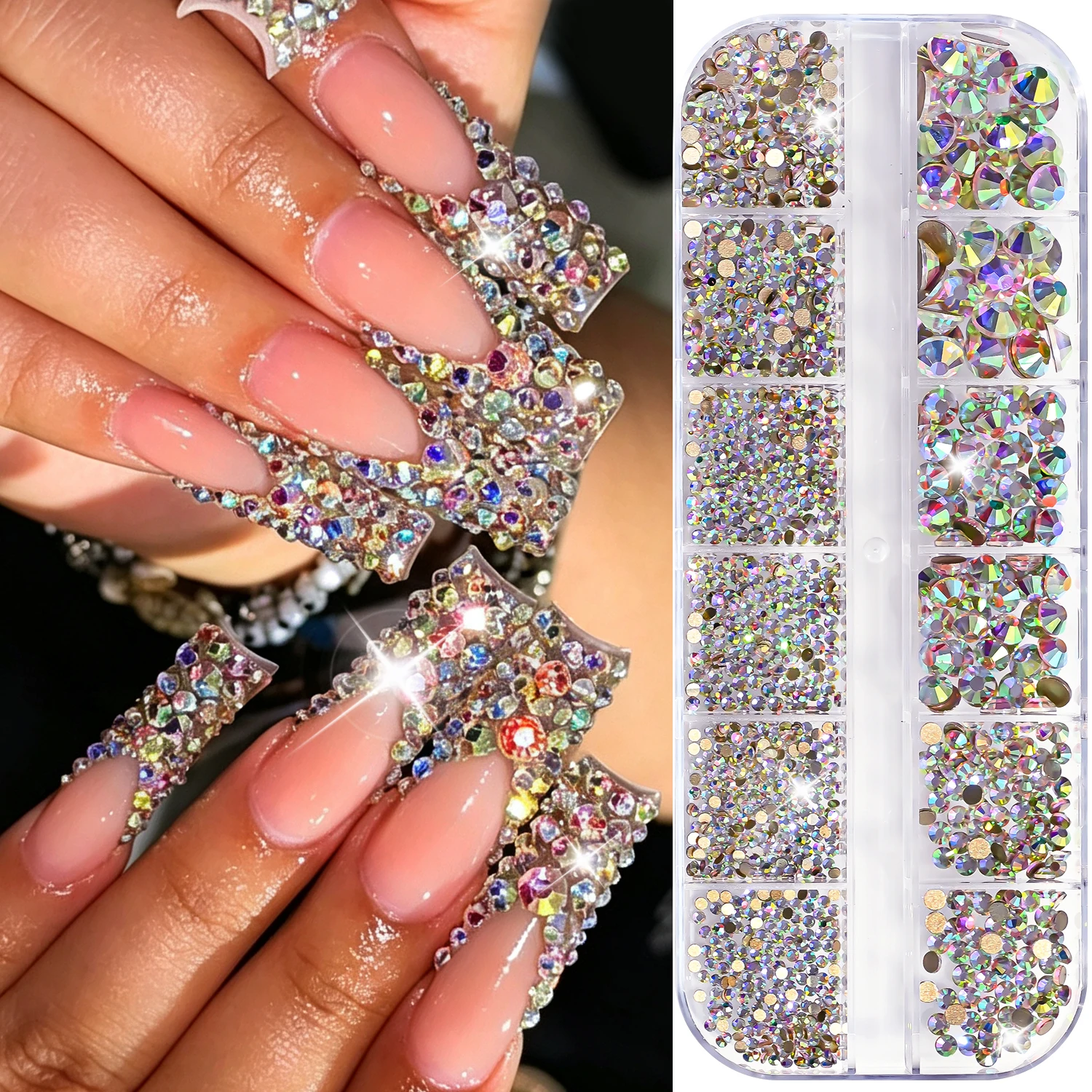 12Grids AB Glass Nail Art Rhinestones Multi-Sizes 3D Round Flat Back Diamond Nails Charms Sparkly Manicure Decoration Gemstones
