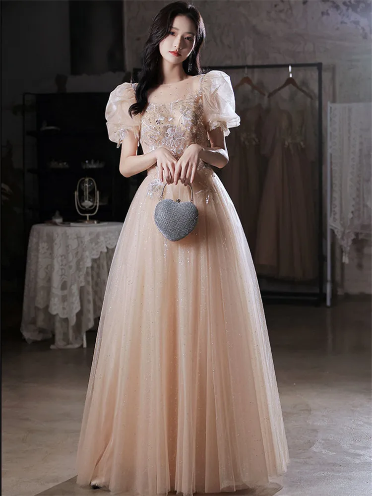 

Champagne Dress Women Elegant Solid Color Embroidered Applique Sequin Puffed Sleeve A-line Skirt Long Evening Gown M012